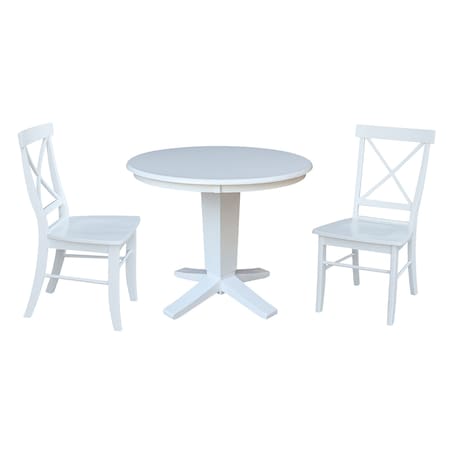 International Concepts 36 in. Solid Wood Round Top Pedestal Dining Table with 2 Chairs in White K08-36RT-23B-C613-2